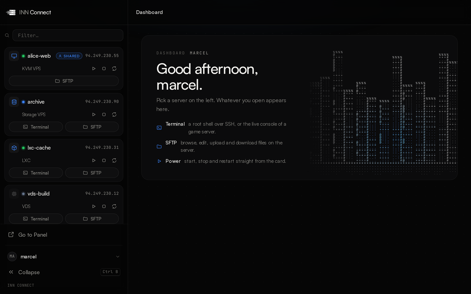 INN Connect: your services in a sidebar with power, terminal and SFTP buttons, next to the dashboard