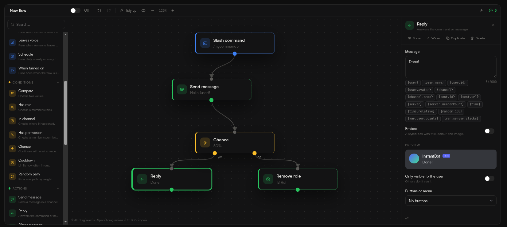 The InstantBot builder: a slash command sends a message, a 50% chance block then either replies or removes a role