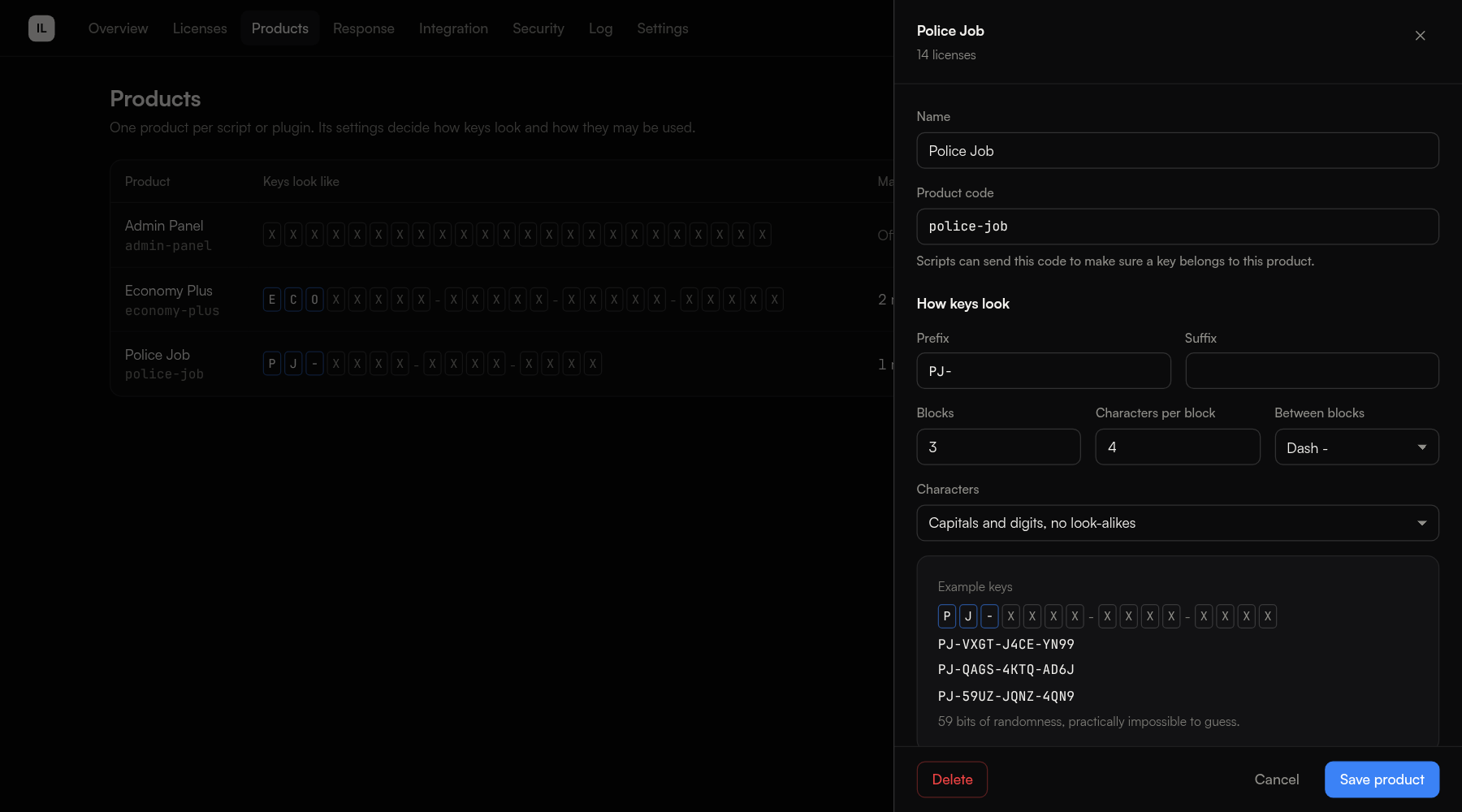 A product being edited: name, product code, key format with prefix, blocks and characters, and example keys
