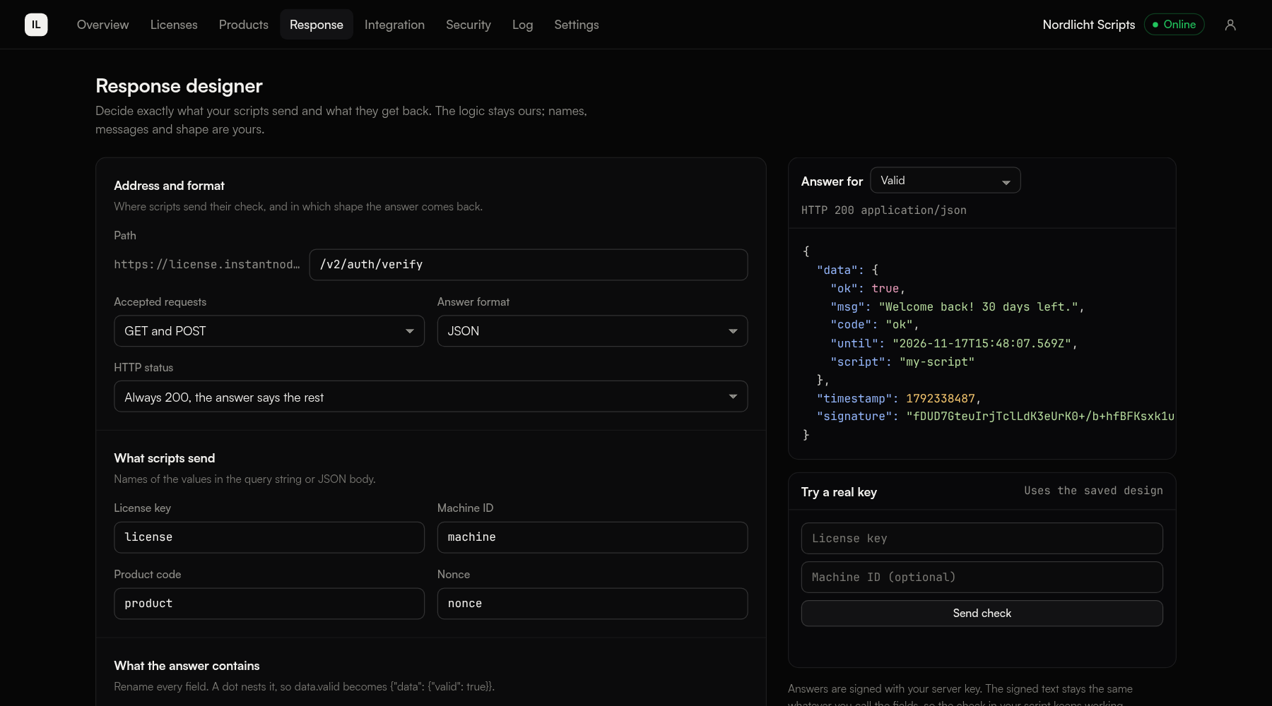 The response designer: address, names the script sends, the answer fields and a live preview of the answer