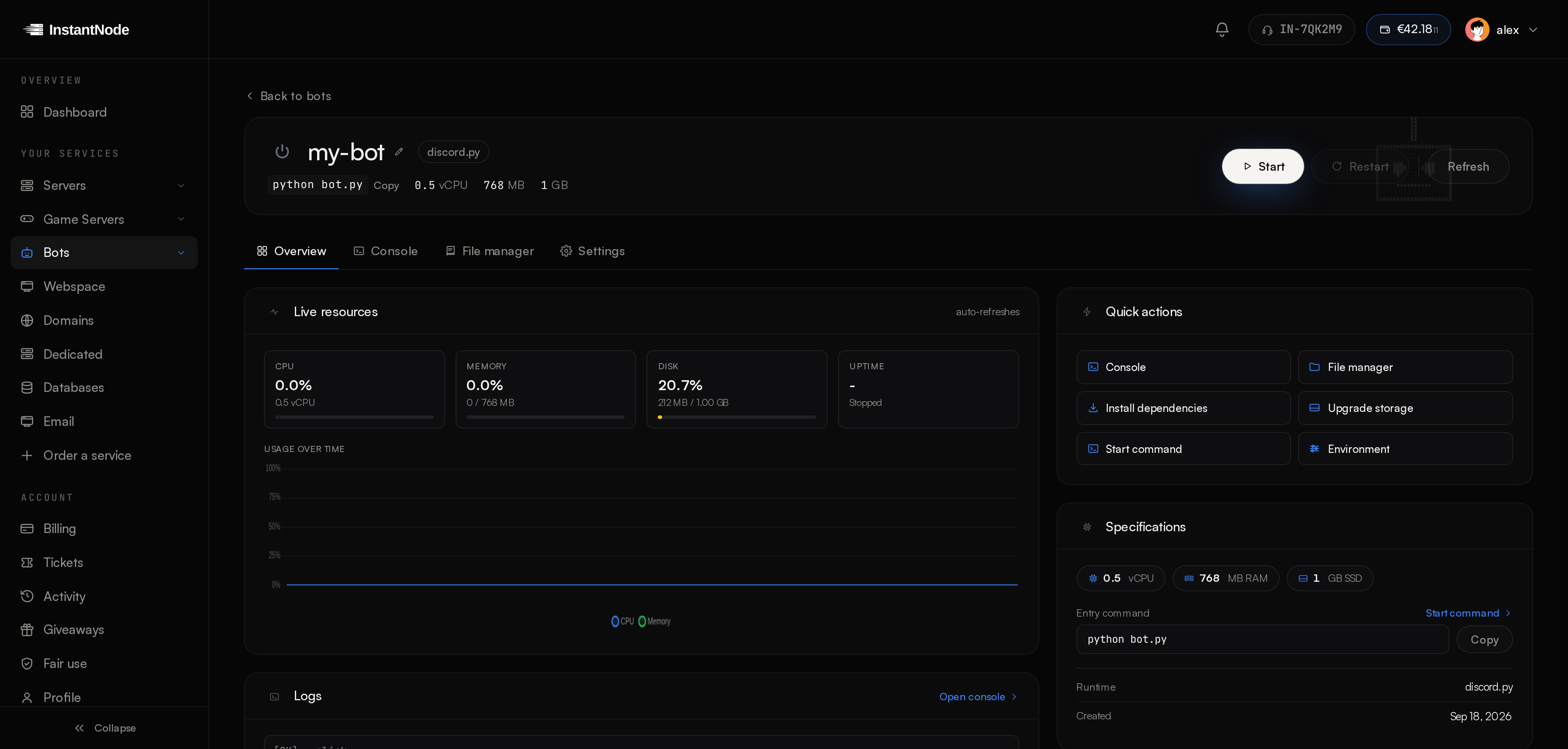 A Discord bot in the InstantNode panel: live resources, logs, quick actions and specifications