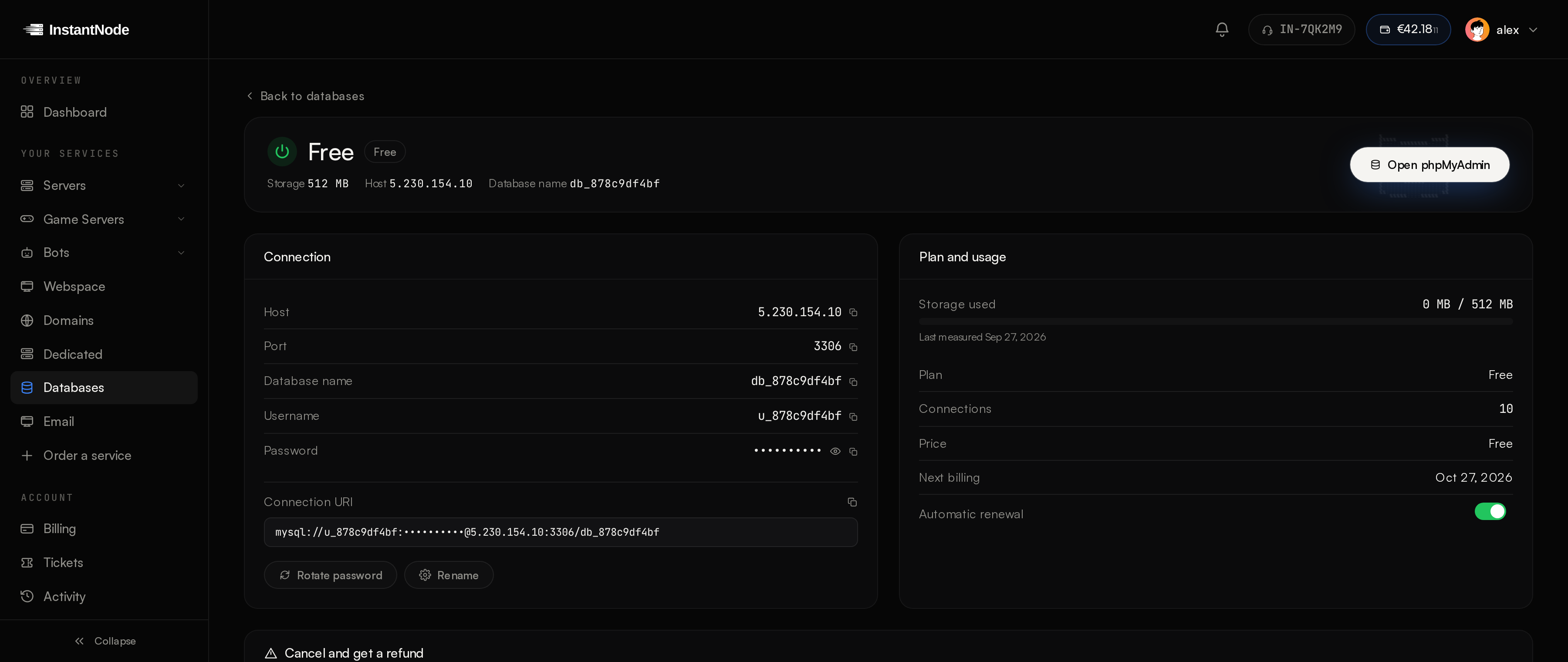 A managed database in the InstantNode panel: host, port, credentials, connection URI and usage