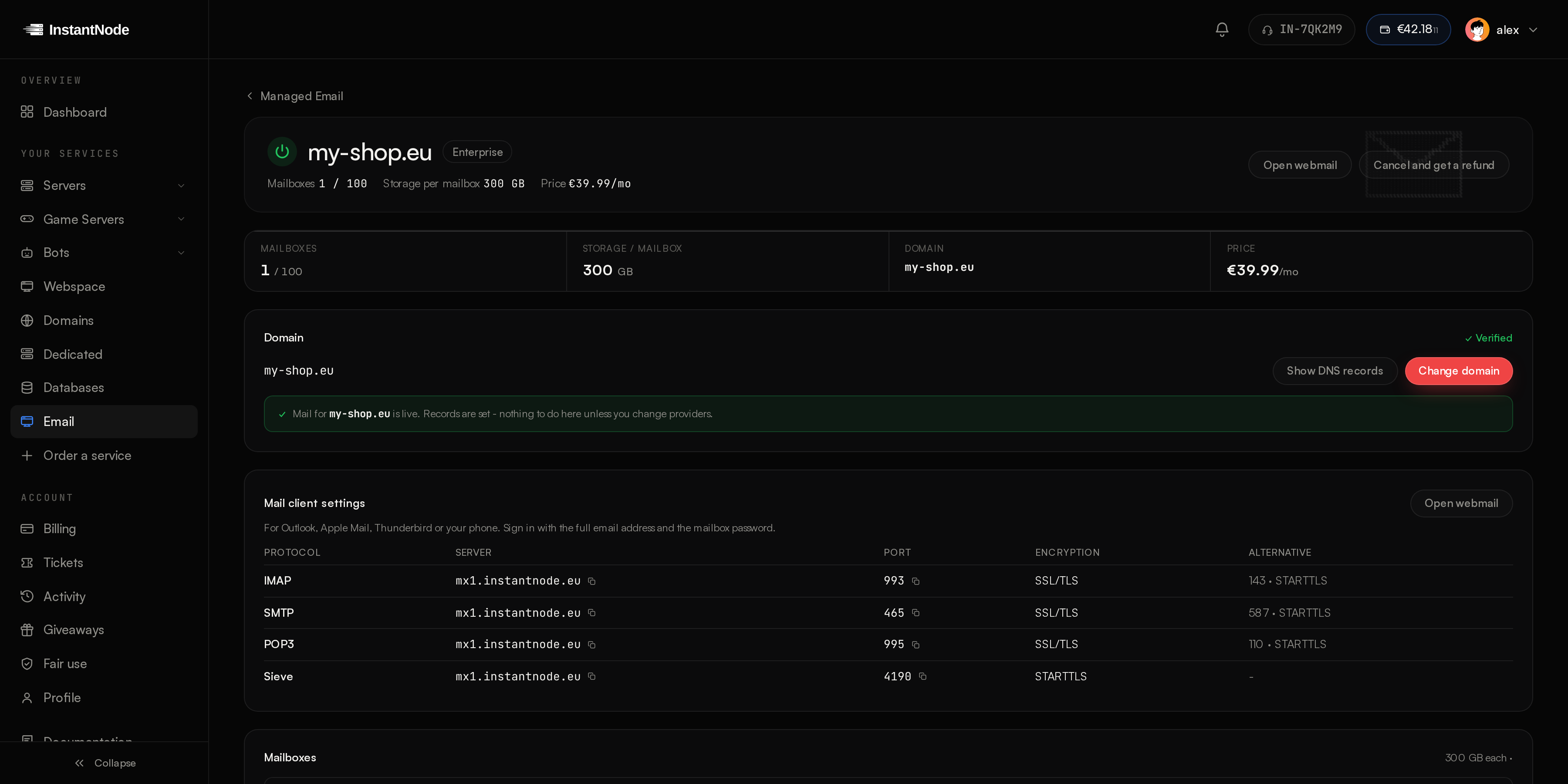 Managed email in the InstantNode panel: verified domain, IMAP, SMTP and POP3 settings and mailboxes