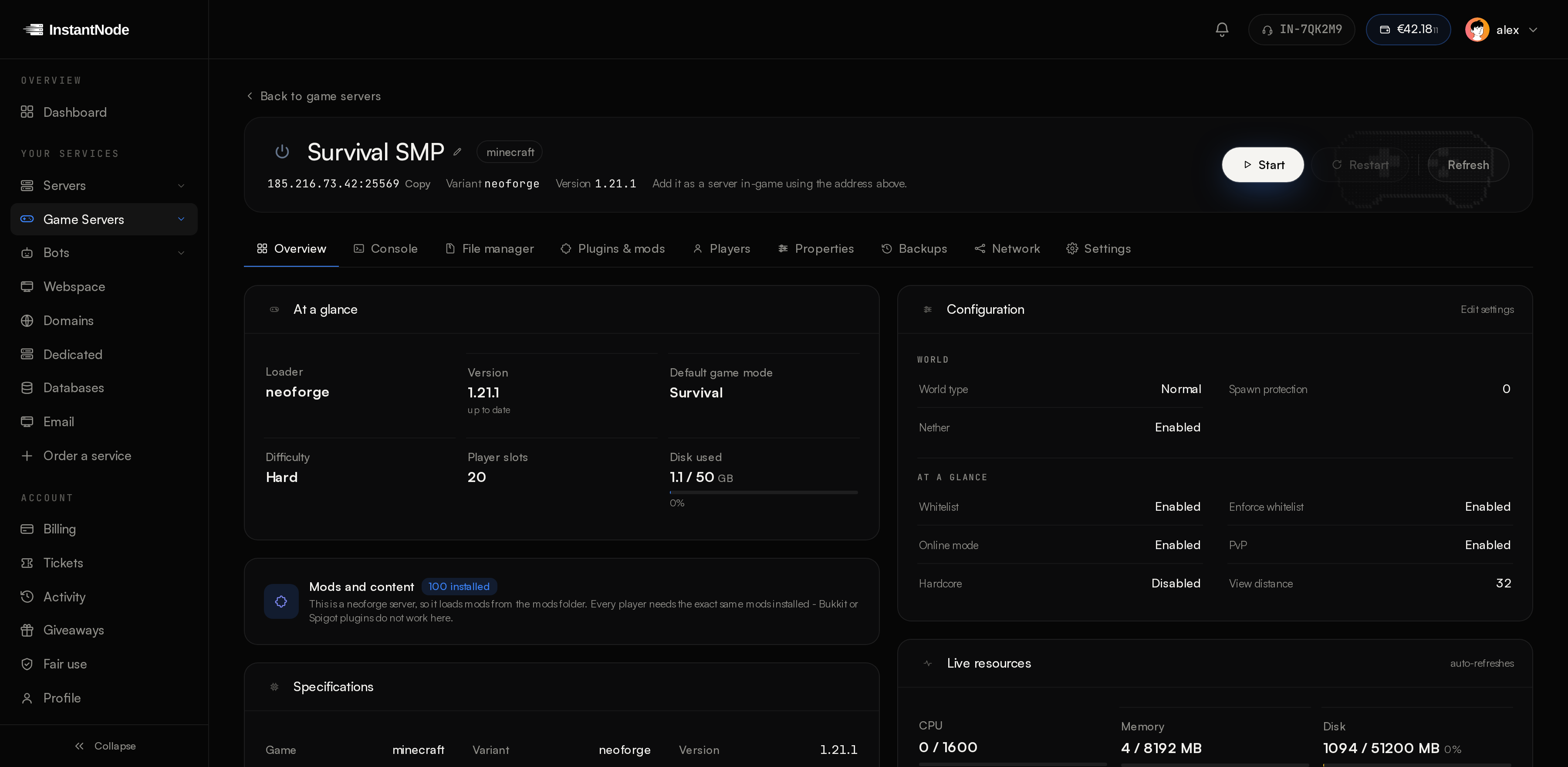 A Minecraft server in the InstantNode panel: loader, version, world settings, mods and live resources