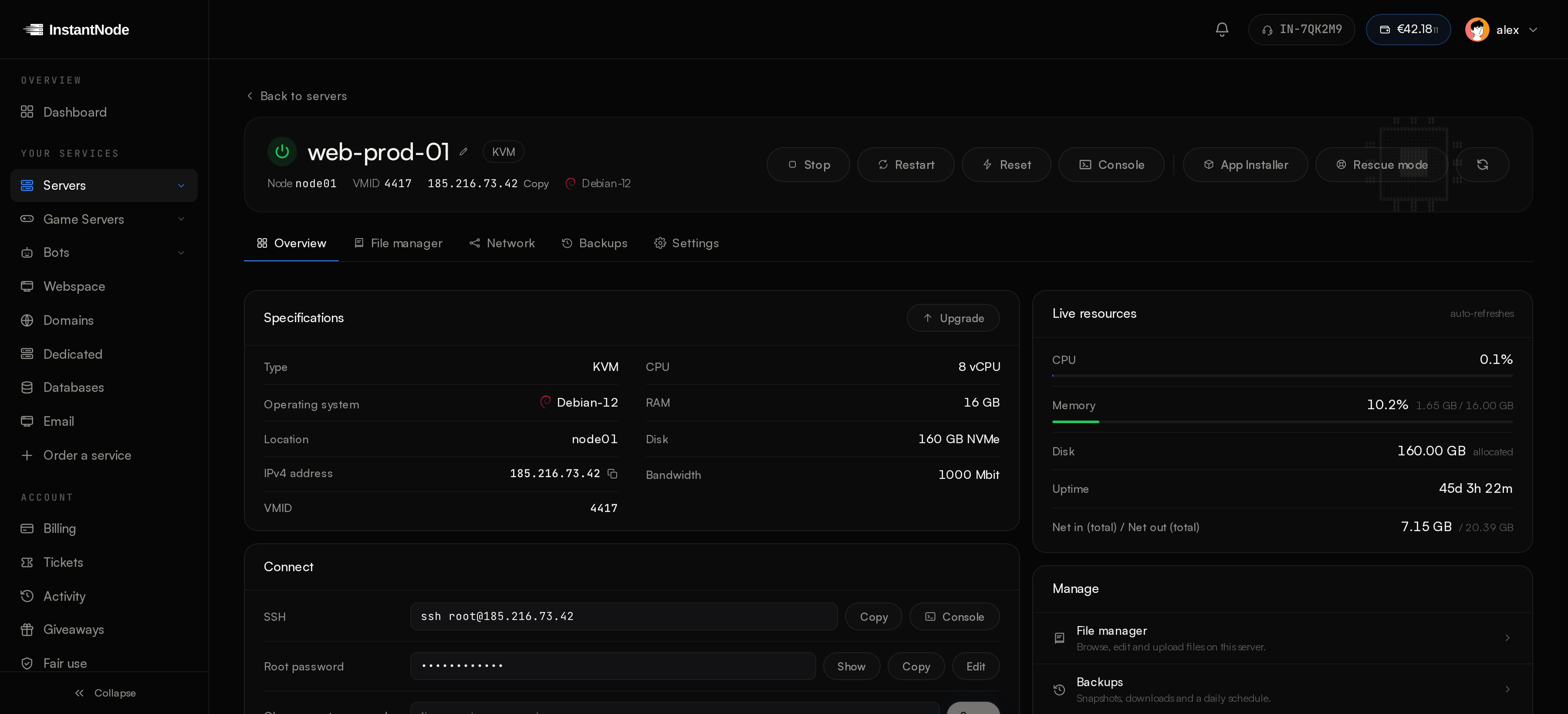 A server in the InstantNode panel: specs, live resources, SSH access, billing and one-click management