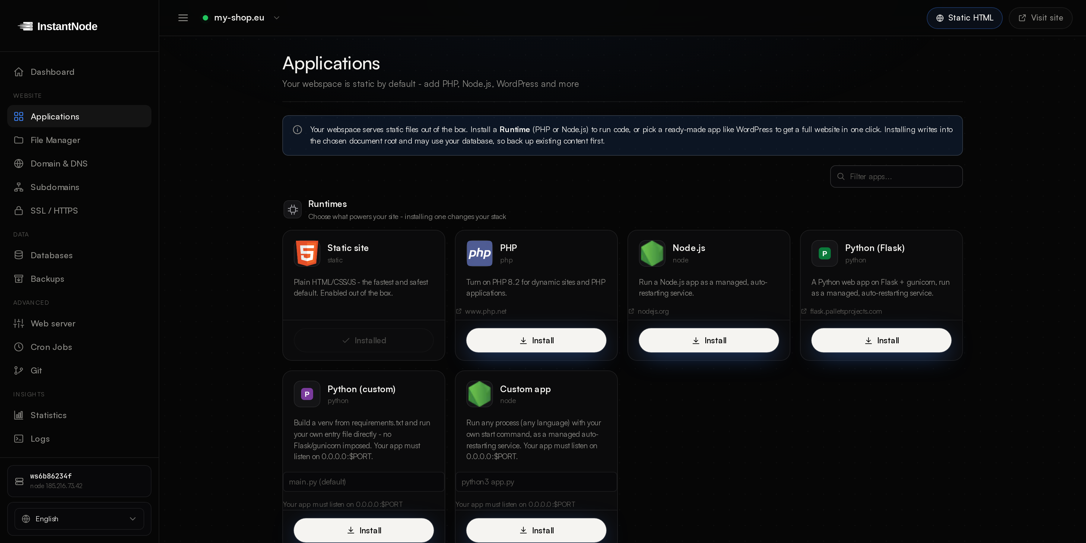 The app store in the webspace panel: install PHP, Node.js, Python and WordPress with one click